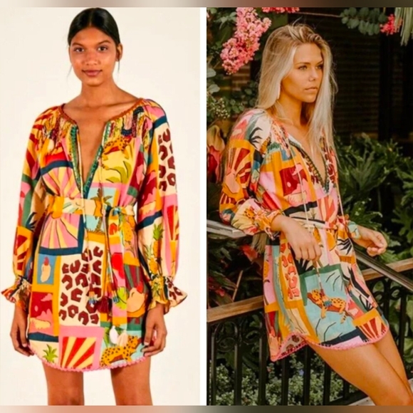 Farm Rio Tropical Collage Linen-Blend Tunic Dress Resortwear Vacation Boho - Picture 1 of 6